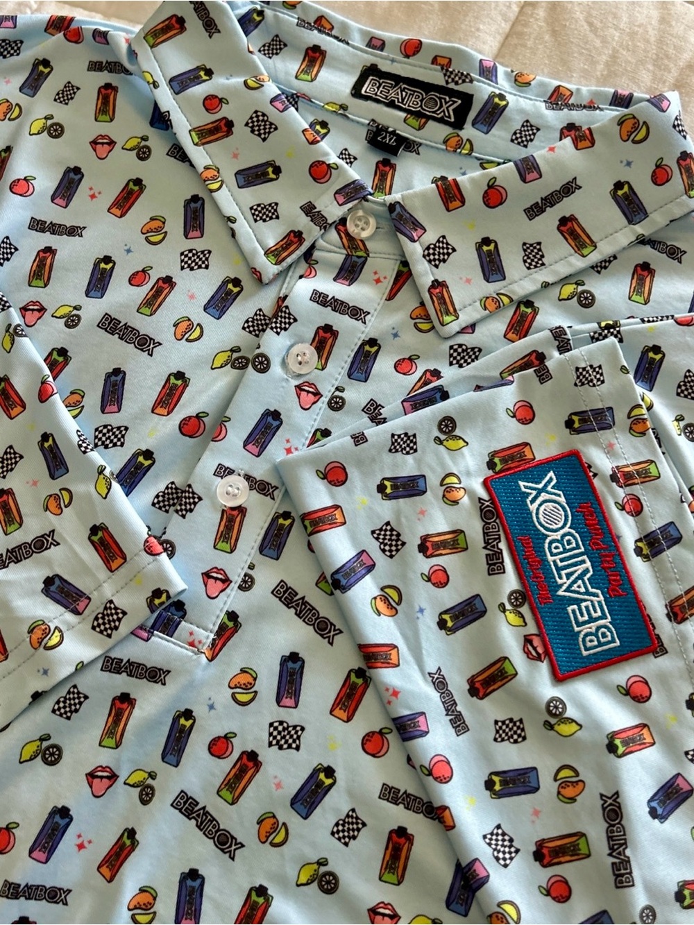 Beatbox Polo Shirt Mens 2XL Light Blue Fruit Beverage Print Stretch Performance